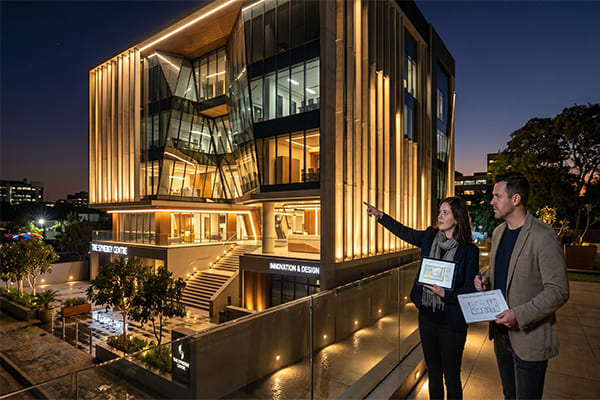 A well-lit building facade at night, showing the collaboration between architect and lighting designer.